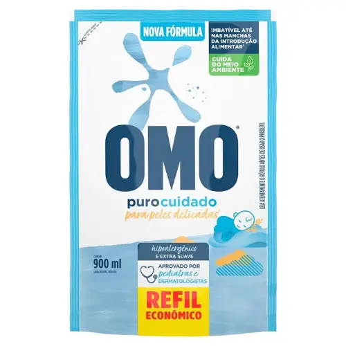 Lava Roupas líquido Hipoalergênico Puro Cuidado Refil Omo 900ml
